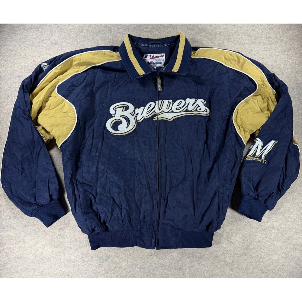 Milwaukee Brewers Majestic Authentic Collection Jacket Mens XL Navy Gold MLB